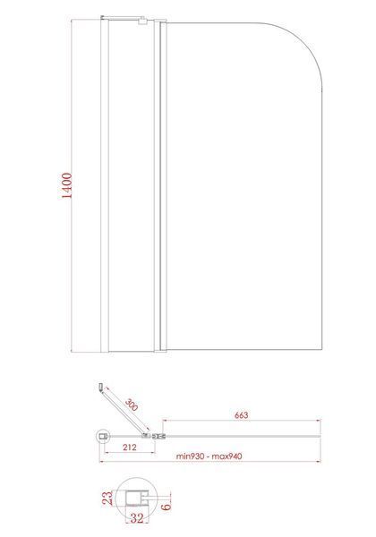 Шторки скляні на ванну Koer SR BS03-95x140-TR-01 прозоре скло 6мм, хром (KR5402) KR5402 фото