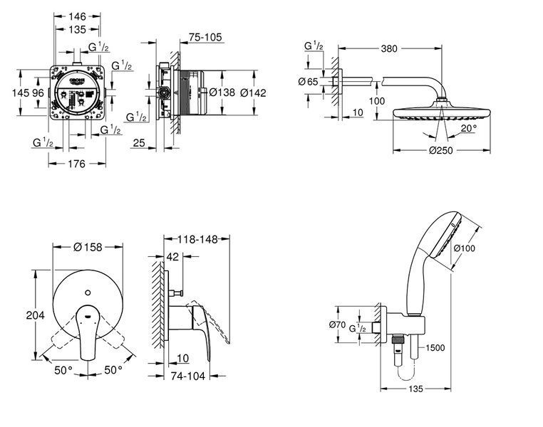 Душова система прихованого монтажу зі змішувачем Grohe Eurosmart New Tempesta 250 (UA26416SC3) UA26416SC3 фото