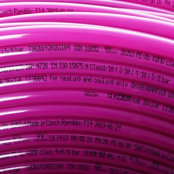 Труба для теплої підлоги з кисневим бар'єром Koer PEX-B EVOH 16 * 2,0 (pink) (600 м) (KR2853) KR2853 фото