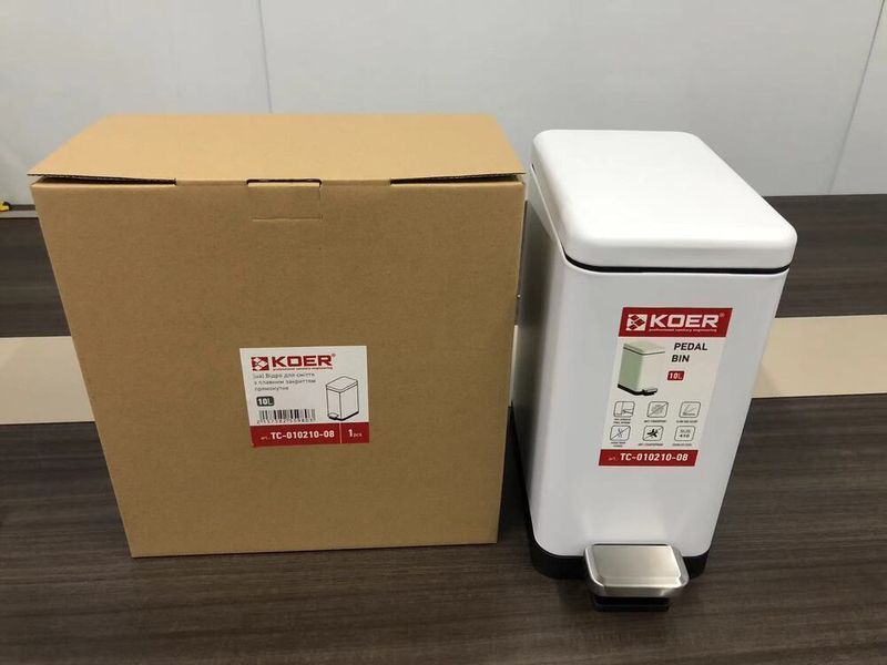 Відро для сміття з плавним закриттям прямокутне Koer TC-010210-08 10 л колір білий (KR5598) KR5598 фото