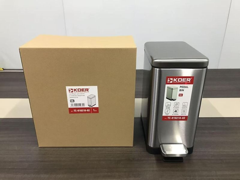Мусорное ведро с плавным закрытием прямоугольное Koer TC-010210-02 10 л цвет нержавейка (KR5597) KR5597 фото