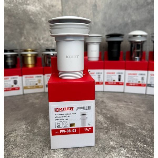 Донний клапан для раковини Koer PW-08-03 1 1/4'' без переливу автоматичнийСLICK-СLACK (Колір білий) (KR5787) KR5787 фото
