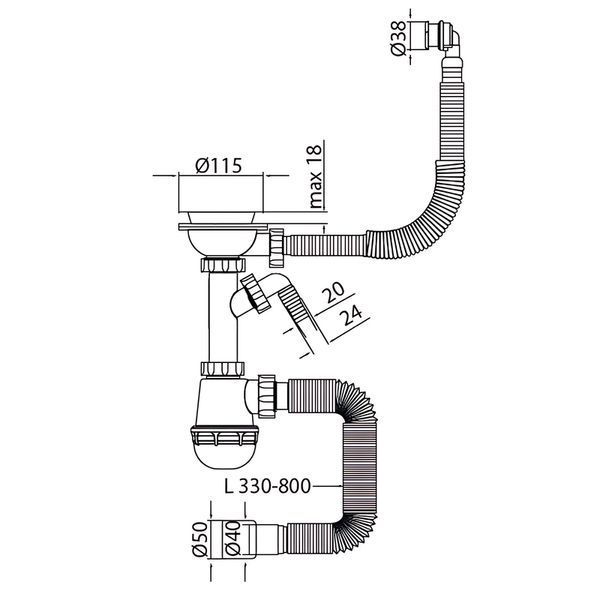 Сифон для кухни Mixxus SK-06-WH 3 1/2"x40 с пластиковой сеткой, отводом для стиральной машины, гибким круг. переливом (MI8197) MI8197 фото