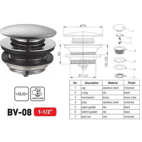 Донний клапан для ванни Zerix BV-08 1 1/2'' автоматичний СLICK-СLACK (Колір хром) (ZX6025) ZX6025 фото
