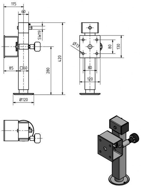 Опора для причепа Bunte із шестигранником телескопічна 1300 кг (407022) 407022 фото