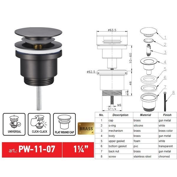 Донний клапан для раковини Koer PW-11-07 1 1/4'' універсальний (з/без перел) СLICK-СLACK (Колір графіт) (KR5793) KR5793 фото