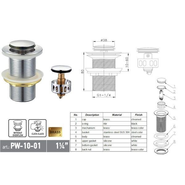 Донний клапан для раковини Koer PW-10-01 1 1/4'' без переливу автоматичний СLICK-СLACK (Колір хром) (KR5797) KR5797 фото