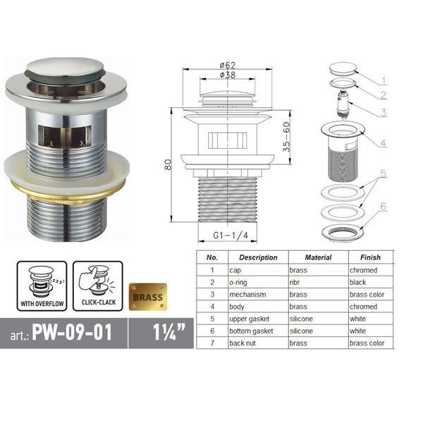 Донний клапан для раковини Koer PW-09-01 1 1/4'' з переливом автоматичний СLICK-СLACK (Колір хром) (KR5796) KR5796 фото