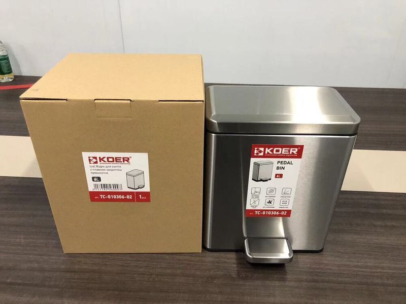 Відро для сміття з плавним закриттям прямокутне Koer TC-010306-02 6 л колір нержавійка (KR5600) KR5600 фото