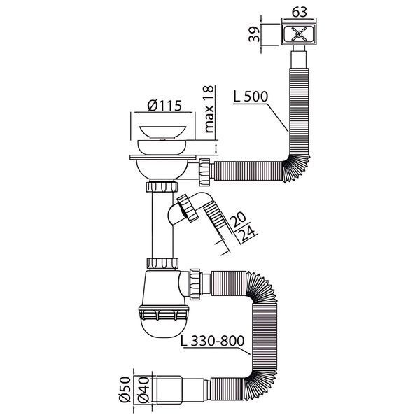 Сифон для кухни Mixxus SK-02-B 3 1/2"x40 с нерж.сеткой, отводом для стиральной машины, гибким прямоуг. переливом (MI8195) MI8195 фото