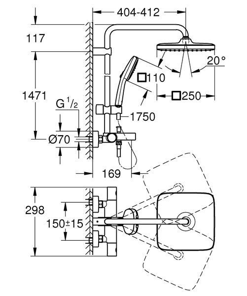 Душевая система настенного монтажа Grohe Tempesta System 250 Cube с термостатом для ванны (266912431) 266912431 фото