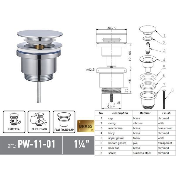 Донный клапан для раковины Koer PW-11-01 1 1/4'' универсальный (с/без перел) СLICK-СLACK (Цвет хром) (KR5790) KR5790 фото