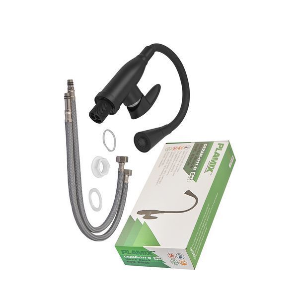 Змішувач для кухні PLAMIX CEZAR-011-B SET MATTE BLACK REFL.BLACK з силіконовим виливом, з підведенням (PM0719) PM0719 фото