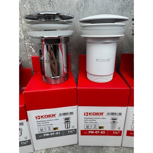 Донный клапан для раковины Koer PW-07-03 1 1/4'' с переливом автоматический СLICK-СLACK (Цвет белый) (KR5783) KR5783 фото