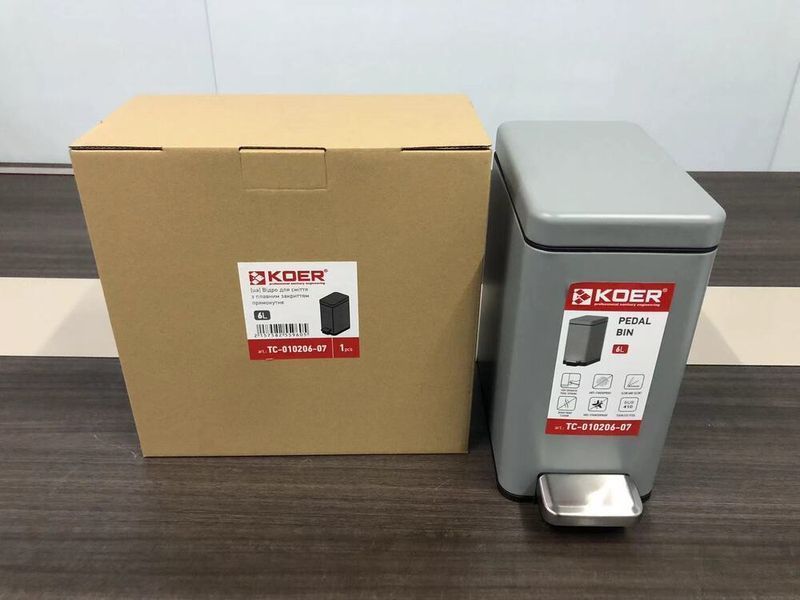 Відро для сміття з плавним закриттям прямокутне Koer TC-010206-07 6 л колір сірий (KR5596) KR5596 фото
