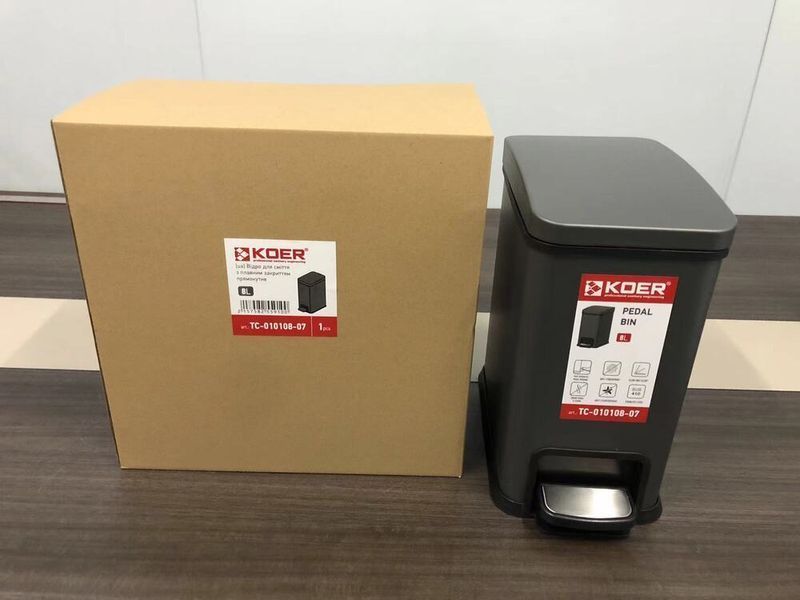 Відро для сміття з плавним закриттям прямокутне Koer TC-010108-07 8 л колір графіт (KR5591) KR5591 фото