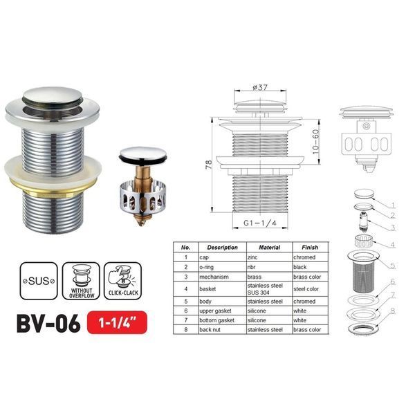 Донний клапан для раковини Zerix BV-06 1 1/4'' без переливу автоматичний СLICK-СLACK (Колір хром) (ZX6023) ZX6023 фото
