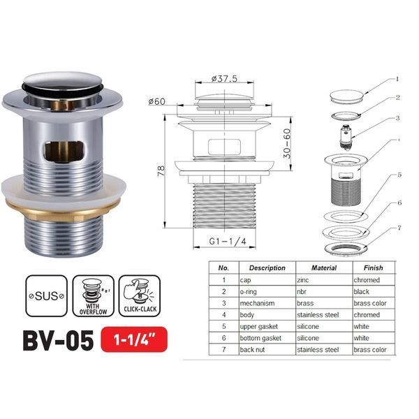Донний клапан для раковини Zerix BV-05 1 1/4'' з переливом автоматичний СLICK-СLACK (Колір хром) (ZX6022) ZX6022 фото