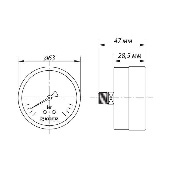 Манометр аксіальний (KOER KM.611A) (0-4 bar), D 63мм, 1/4''-1/2'' (KR0210) KR0210 фото