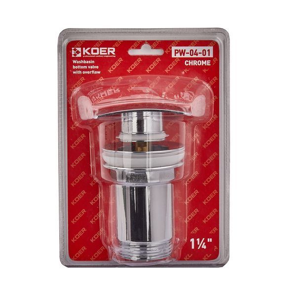 Донный клапан для раковины с переливом Koer PW-04-01 автоматический (Click-Clack) (Цвет хром) 1 1/4'' (KR3398) KR3398 фото