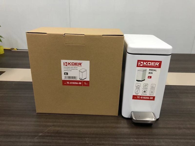 Відро для сміття з плавним закриттям прямокутне Koer TC-010206-08 6 л колір білий (KR5595) KR5595 фото