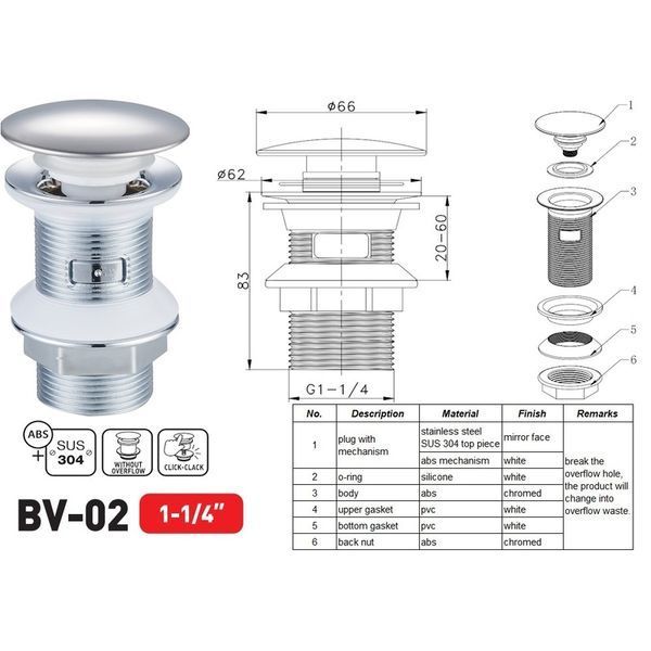 Донний клапан для раковини Zerix BV-02 1 1/4'' без переливу автоматичний СLICK-СLACK (Колір хром) (ZX6015) ZX6015 фото