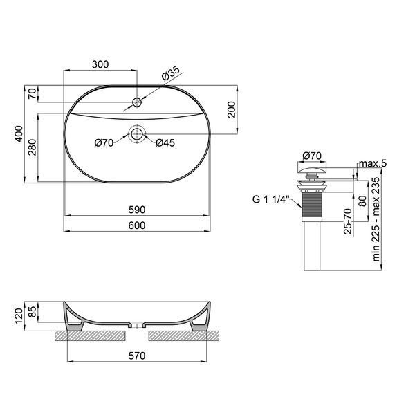 Раковина накладна Mixxus Premium ELLIPSE-0204 600х380х115mm з отвором під змішувач (MP6679) MP6679 фото