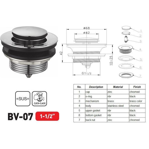 Донний клапан для ванни Zerix BV-07 1 1/2'' автоматичний СLICK-СLACK (Колір хром) (ZX6024) ZX6024 фото