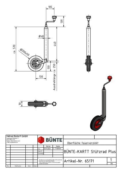 Опорное колесо прицепа Bunte d48 мм длина 709 мм 150 кг (65171) 65171 фото