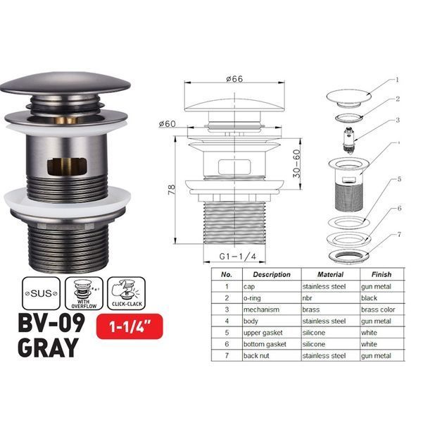 Донный клапан для раковины с переливом Zerix BV-09 GRAY 1 1/4" автоматический Click-Clack (Цвет графит) (MY0415) MY0415 фото