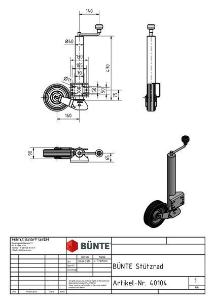 Опорное колесо прицепа Bunte d60 мм длина 640 мм 250 кг (40104) 40104 фото
