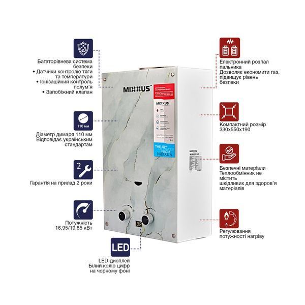 Газовая колонка MIXXUS GWH-0510 BASIC GLASS дымоходная 10 л/мин (панель из стекла с рисунком) (WH0026) WH0026 фото