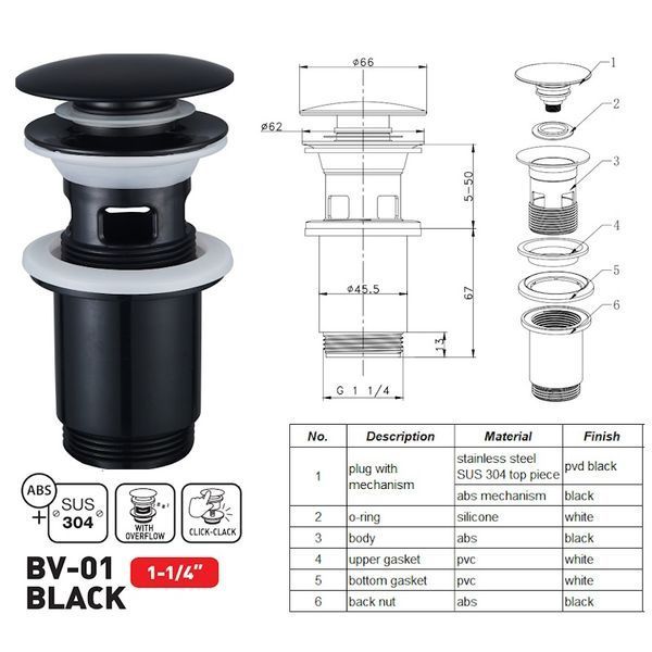 Донний клапан для раковини Zerix BV-01 BLACK 1 1/4'' з переливом автоматичний СLICK-СLACK (Колір чорний) (ZX6016) ZX6016 фото