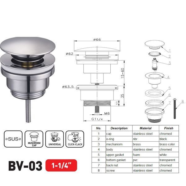 Донный клапан для раковины Zerix BV-03 1 1/4'' универсальный (с/без перл) СLICK-СLACK (Цвет хром) (ZX6019) ZX6019 фото