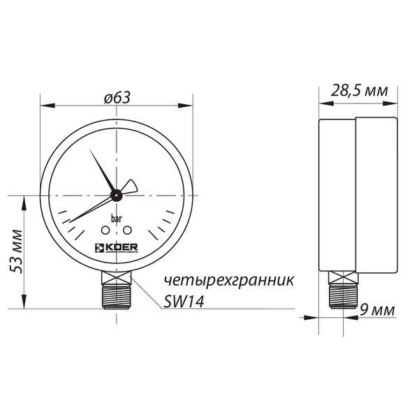 Манометр радиальный (KOER KM.621R) (0-4 bar), D 63мм, 1/4''-1/2'' (KR0206) KR0206 фото
