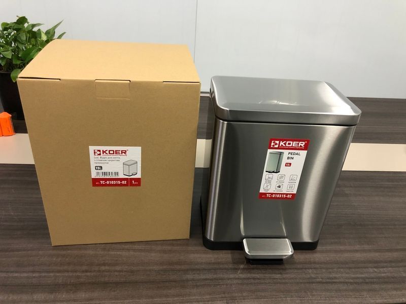 Відро для сміття з плавним закриттям прямокутне Koer TC-010315-02 15 л колір нержавійка (KR5603) KR5603 фото