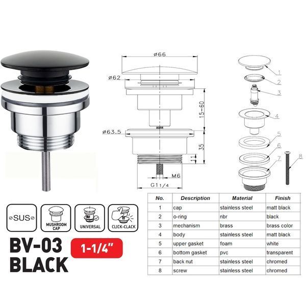 Донний клапан для раковини Zerix BV-03 BLACK 1 1/4'' універсальний (з/без перел) СLICK-СLACK (Колір чорний) (ZX6020) ZX6020 фото