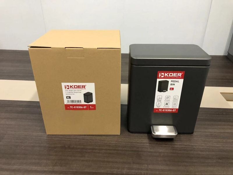 Відро для сміття з плавним закриттям прямокутне Koer TC-010306-07 6 л колір графіт (KR5602) KR5602 фото