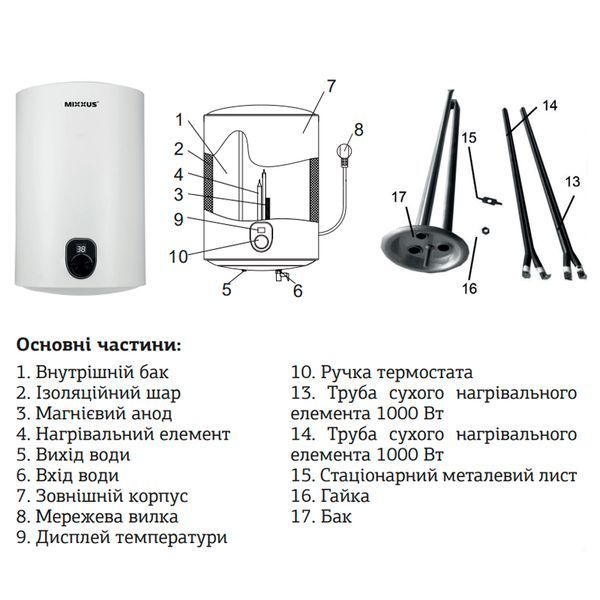 Водонагреватель "Цилиндр" Mixxus EWH-01050 Round Dry накопитель. 50 л, сухой тен 2 kW (WH0009) WH0009 фото