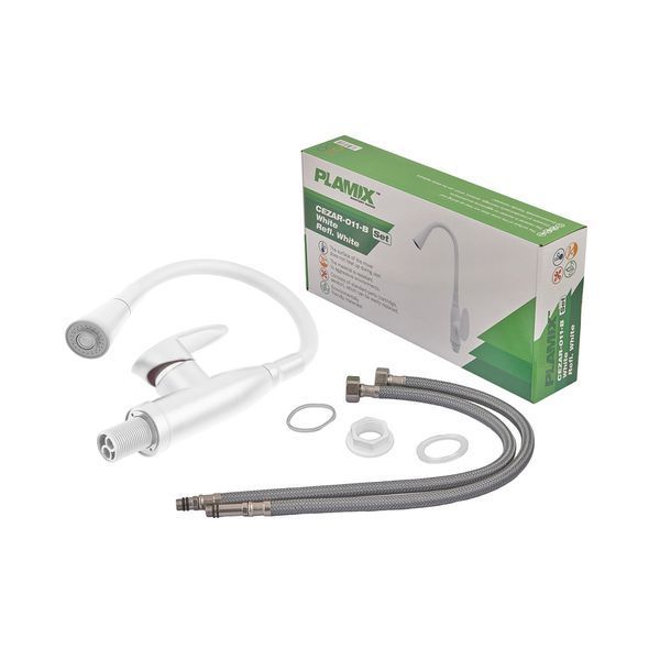 Смеситель для кухни PLAMIX CEZAR-011-B SET WHITE REFL.WHITE с силиконовым изливом, с подводом (PM0718) PM0718 фото