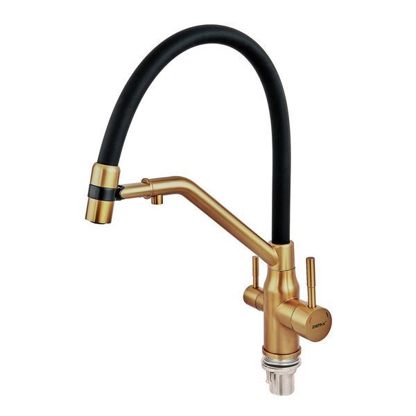 Смеситель для кухни с силиконовым изливом Zerix MAG-021 Brushed Gold Refl.Black из нерж. стали SUS304 с выходом для пит.воды (ZX6007) ZX6007 фото