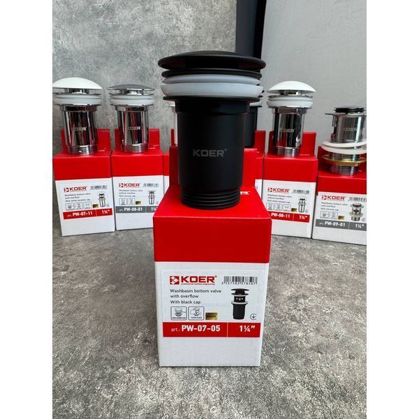 Донний клапан для раковини Koer PW-07-05 1 1/4'' з переливом автоматичний СLICK-СLACK (Колір чорн) (KR5785) KR5785 фото