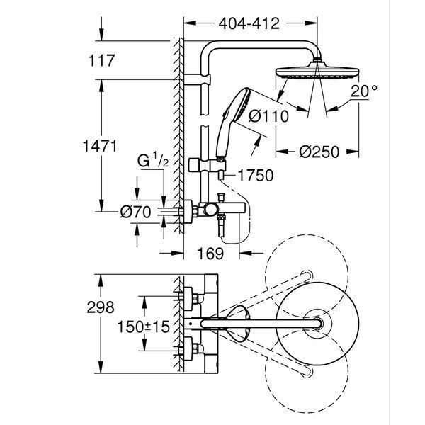Душова система настінного монтажу Grohe Tempesta System 250 з термостатом для ванни (26672001) 26672001 фото