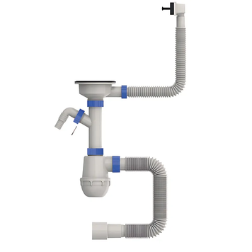 Сифон для кухни Mixxus SK-05-BL 3 1/2"x40 с пластиковой сеткой, отводом для стиральной машины, гибким прямоуг. переливом (MI8192) MI8192 фото
