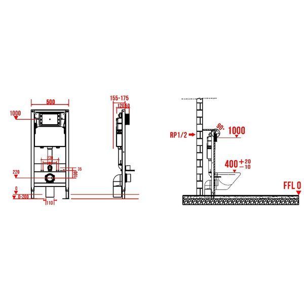 Инсталляция для подвесного унитаза Koer KT-0408 500x165x1125mm (без панели смыва) (KR6119) KR6119 фото