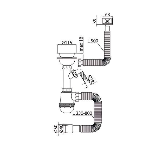 Сифон для кухні Mixxus SK-05-BL 3 1/2"x40 з пластиковою сіткою, відведенням для пральної машини, гнучким прямок. переливом (MI8192) MI8192 фото