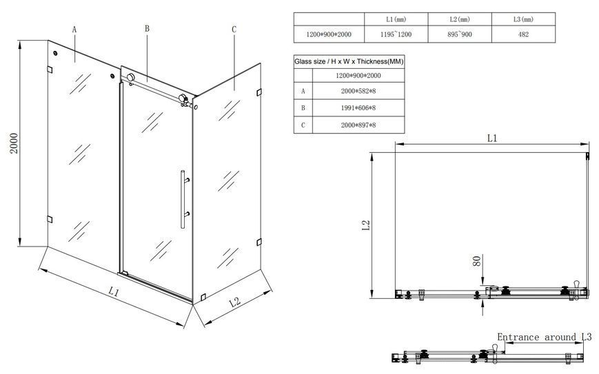 Душевая кабина без поддона Koer SR SC07-120x90x200-TR-01 прозрачное стекло Easy Clean 8мм, хром (KR5370) KR5370 фото