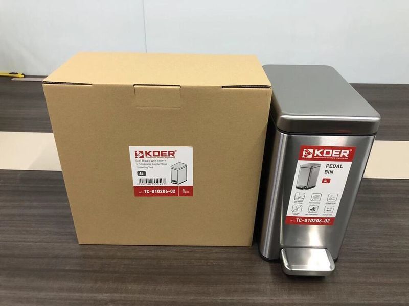 Мусорное ведро с плавным закрытием прямоугольное Koer TC-010206-02 6 л цвет нержавейка (KR5594) KR5594 фото