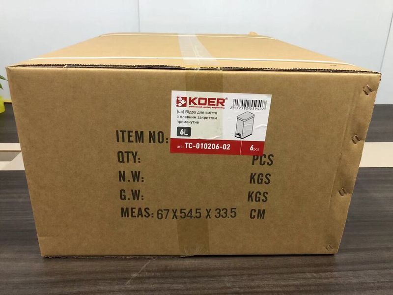 Мусорное ведро с плавным закрытием прямоугольное Koer TC-010206-02 6 л цвет нержавейка (KR5594) KR5594 фото