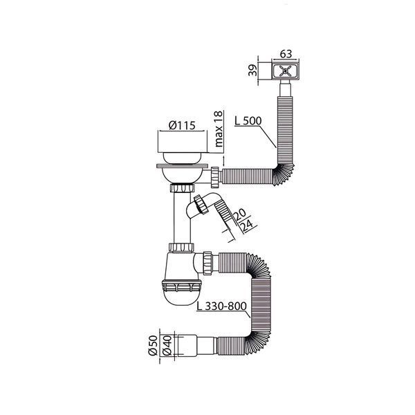 Сифон для кухни Mixxus SK-05-WH 3 1/2"x40 с пластиковой сеткой, отводом для стиральной машины, гибким прямоуг. переливом (MI8193) MI8193 фото